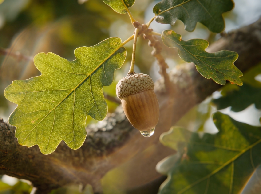 Oak acorn surrounded by sunlit oak leaves